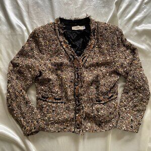 Vintage 1990s Brown Boucle Tweed Wool Blazer Size 6 Old Money Classic Fringe
